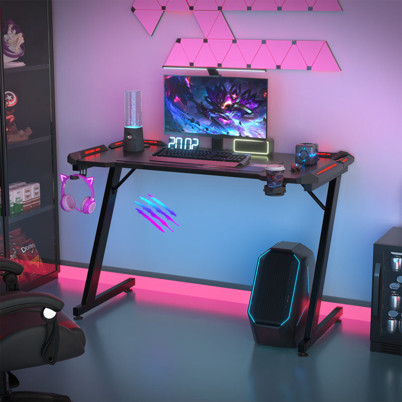 Black Gaming Desk LED Light Computer With Headphone Hook and Cup Holder Home Office Desk, 74.5 cm H x 120 cm W x 60 cm D