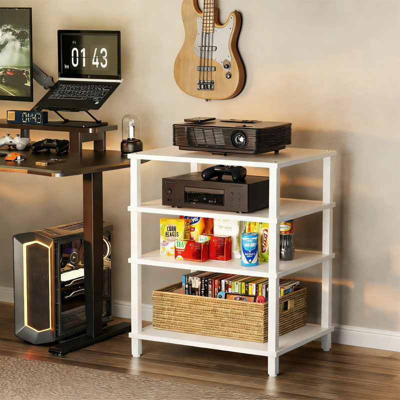 4-Tier White Wooden AV Media Stand With Stereo And Audio Shelves For Home And Office, White