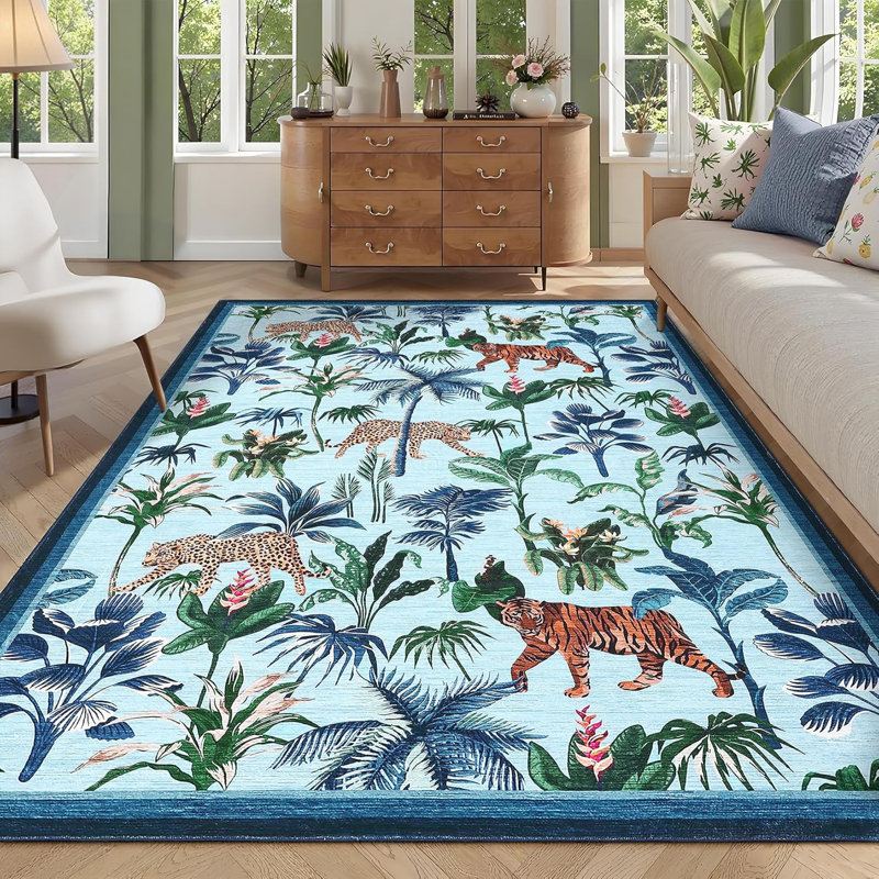 Washable Tiger Rug for Kitchen Non-Slip Non-Shedding Animal Floral Long Carpet, Low Pile Botanical Floor Covering, Foldable Black