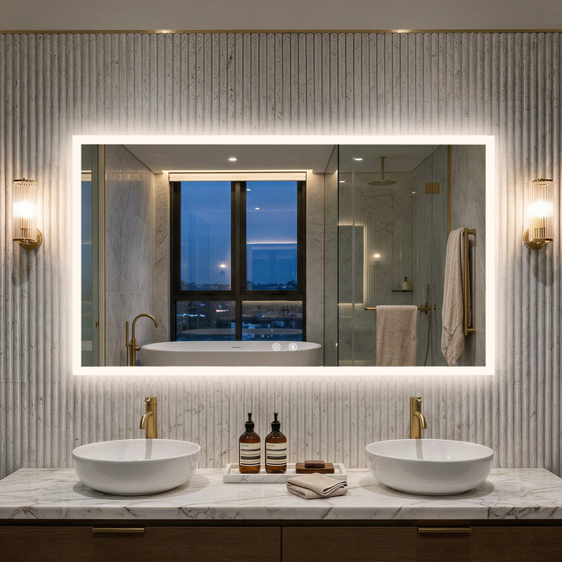 Led Bathroom Mirror With Backlit, 3 Colors Temperature & Dimmable Brightness Light Anti-fog Tempered Glass Bathroom Vanity Mirror