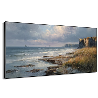 Très grand art mural imprimé sur la côte de l'océan avec des vagues douces et une vue sur le paysage naturel pour le salon ou la chambre à coucher - «Assemblage requis (cadre non fini)»