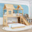 Lit superposé simple au dessus d'une maison double avec glissoire, échelle et tablettes intégrées-129595904