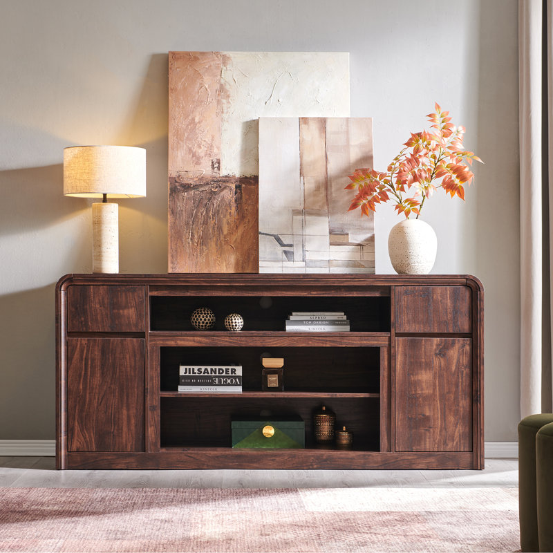 Modern TV Stand with Storage Cabinet & Drawers for TVs Up to 80", 32" Tall w/Soundbar & Adjustable Shelves, Curved Profile Design