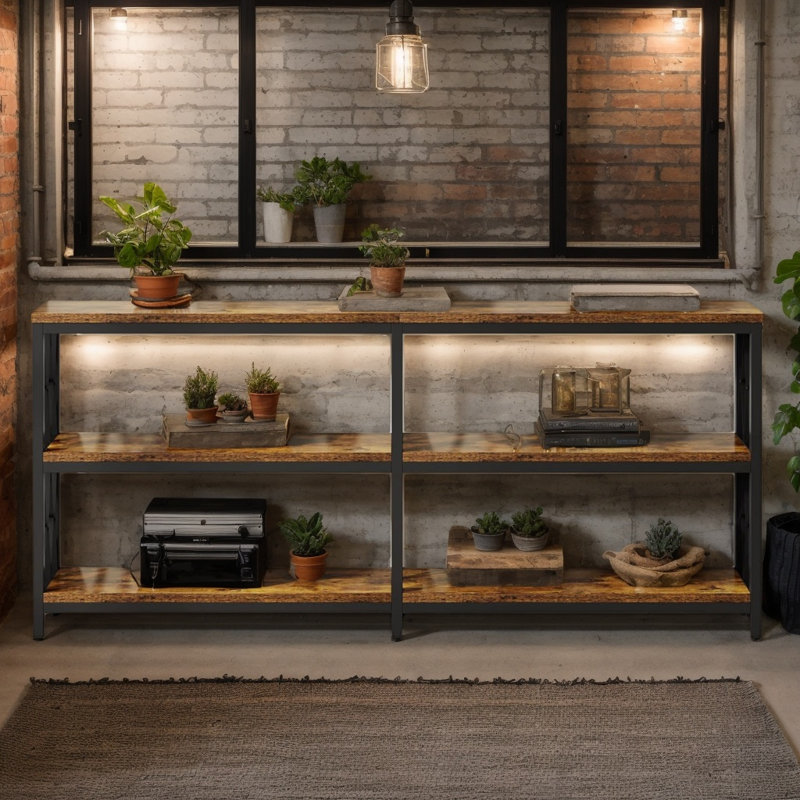 Console industrielle 70,9 "à 3 niveaux, canapé d'entrée en bois rustique et métal pour le salon