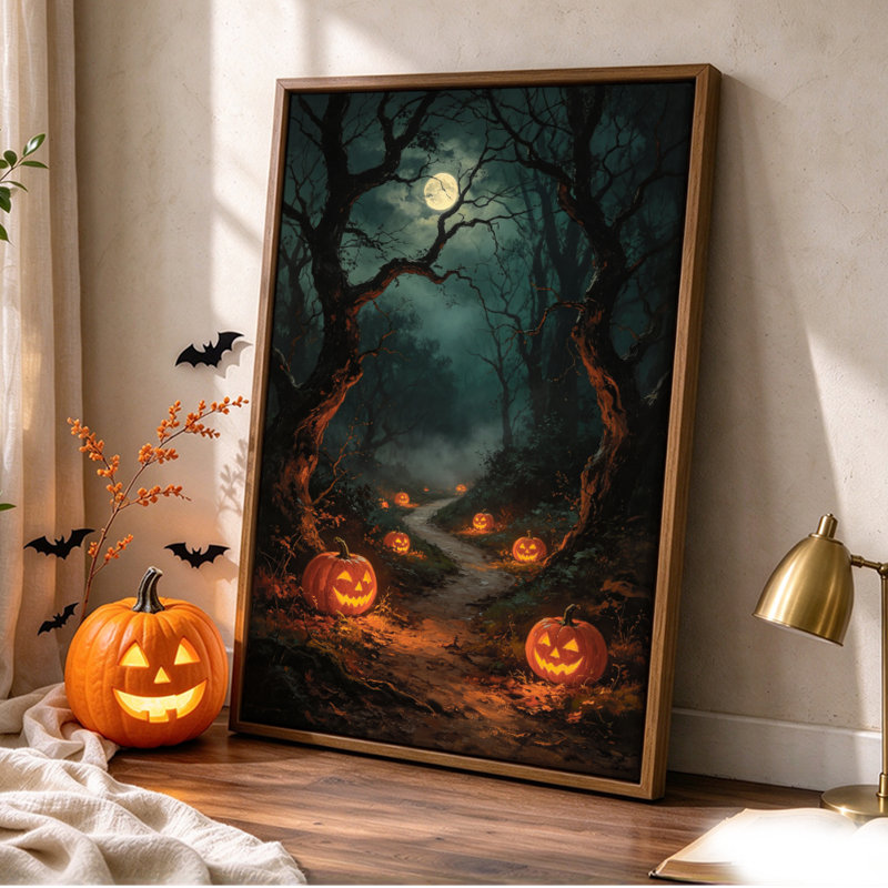 Citrouilles d'Halloween sous un arbre effrayant, tableau sur toile encadré, cadre marron, 50 x 75 cm, 30" H x 20" W, Brun