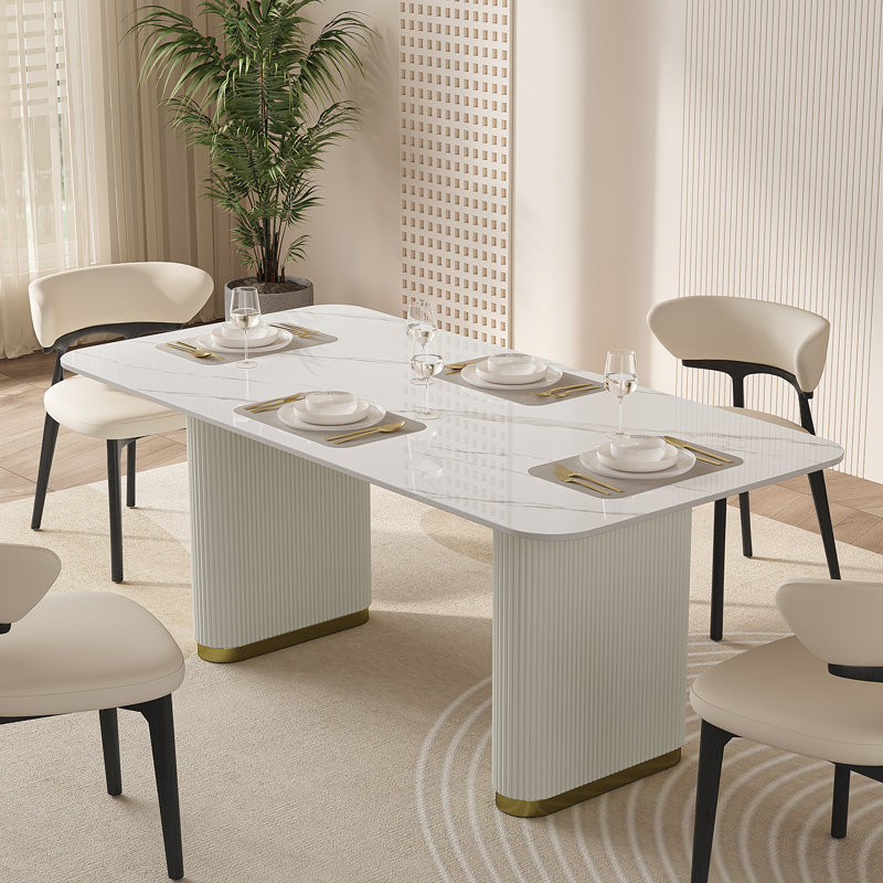 Table de salle à manger rectangulaire moderne 63 ", fritté blanc avec base double, Snow Mountain White