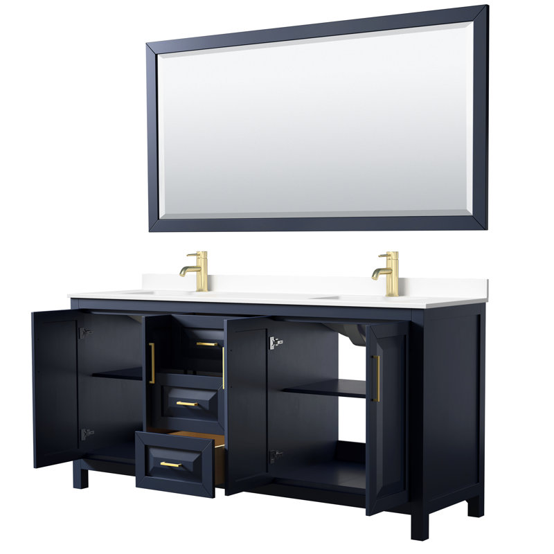 Ensemble de meuble-lavabo double 72 "avec miroir Daria, Bleu très foncé, Marbre de culture blanc, Or brossé