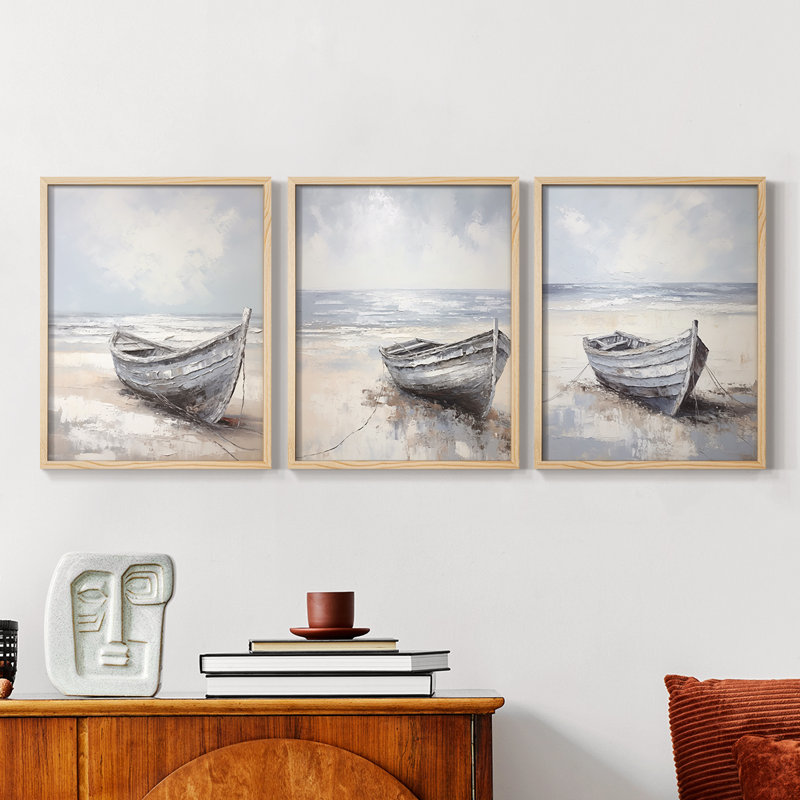 Série Sea and Shore CXIX - Ensemble de 3 estampes numériques encadrées - Prêt à être accroché, Cadre naturel