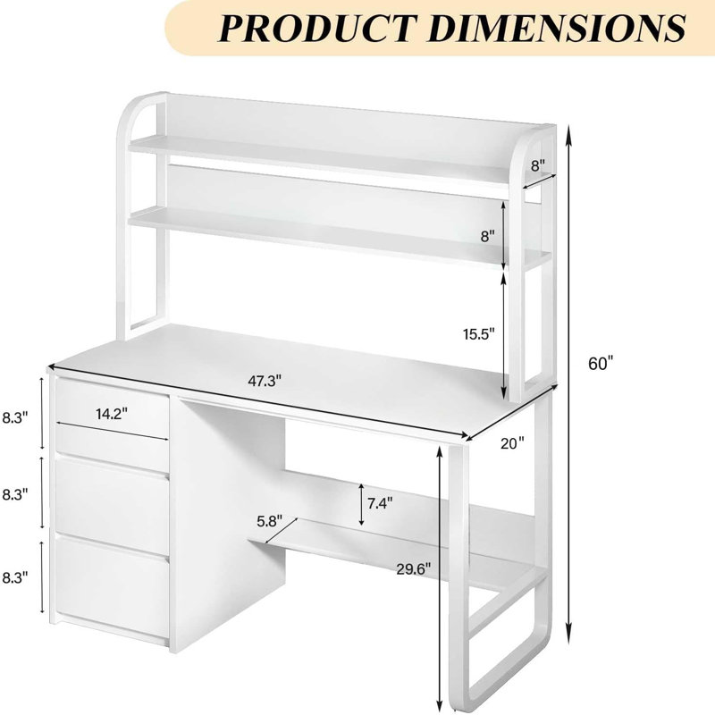 60 Inch Computer Desk with Drawers,Study Writing Desk with Hutch for Bedroom,  White