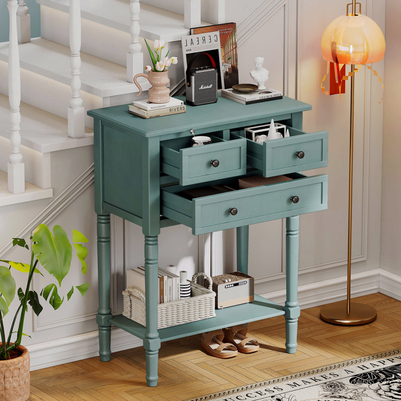 Console étroite - Canapé mince avec trois tiroirs de rangement et une tablette inférieure, Vert