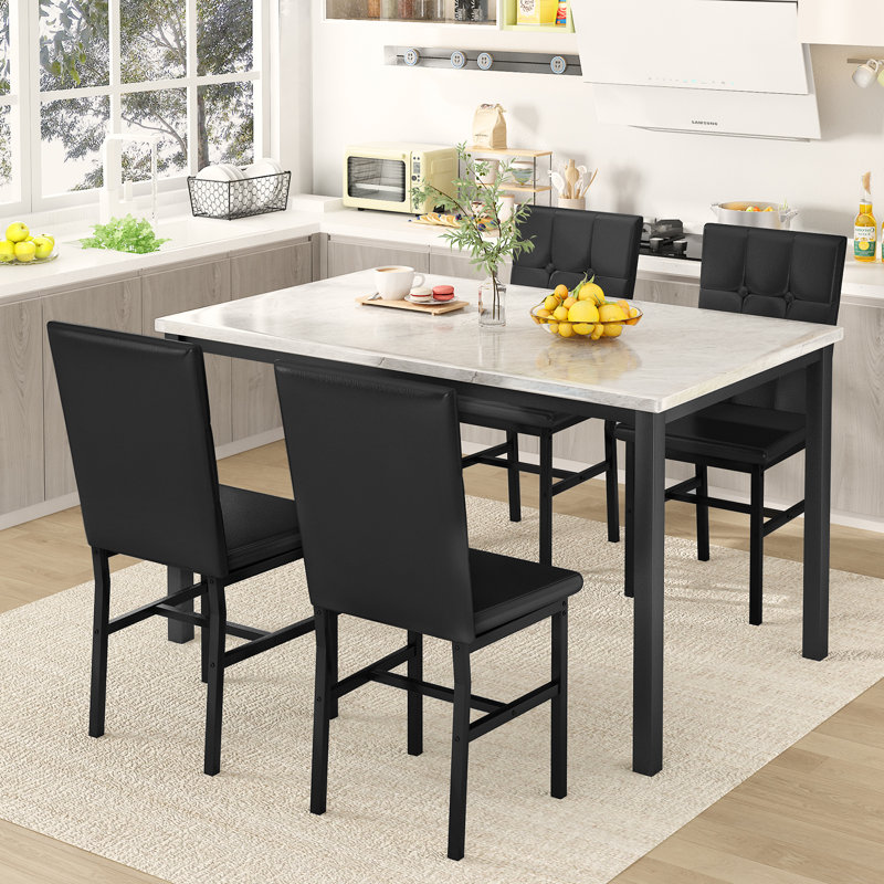 Modern Faux Marble Dining Table Set with Gray Velvet Chairs