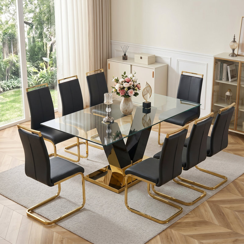 9-Piece Modern Glam Dining Set with 71" Tempered Glass Table and Vegan Leather Cantilever Chairs, 9 Pieces: Table, 8 Chairs