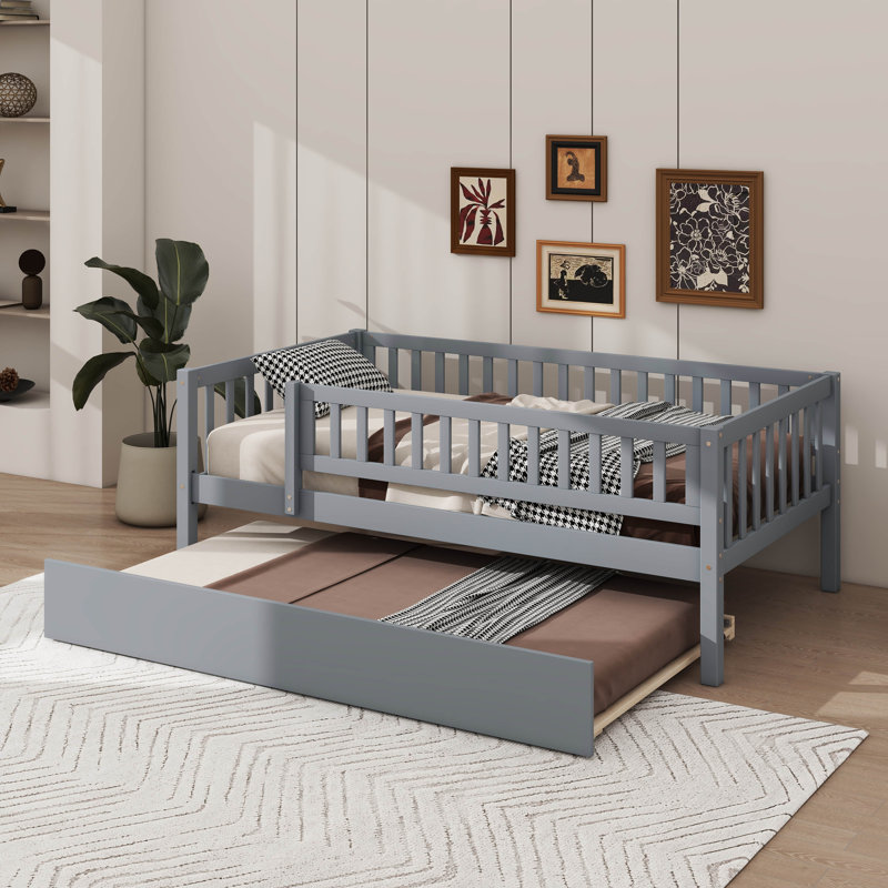 Rustic Wooden Daybed With Underbed Trundle And Protective Fence-Style Guardrails, Gray