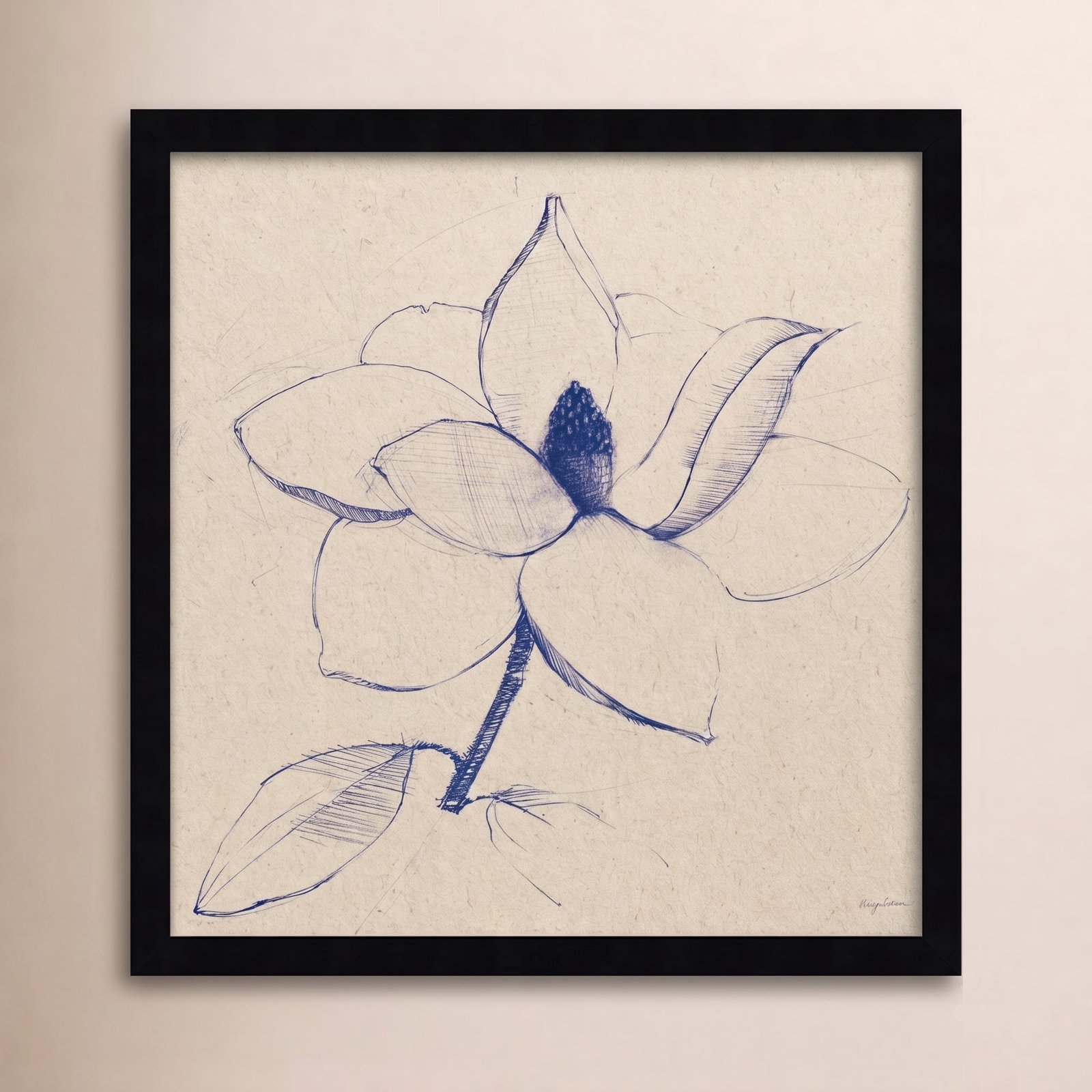 Modern Vintage Floral II Indigo Print, Black, 17" H x 17" W x 1" D