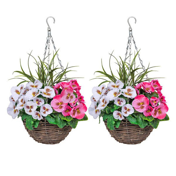 2 x Hanging Baskets with Flowers and Decorative Grasses (Set of 2), Pink/White