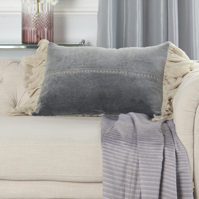 Ruffled Cotton Blend Throw Pillow, Dark Gray
