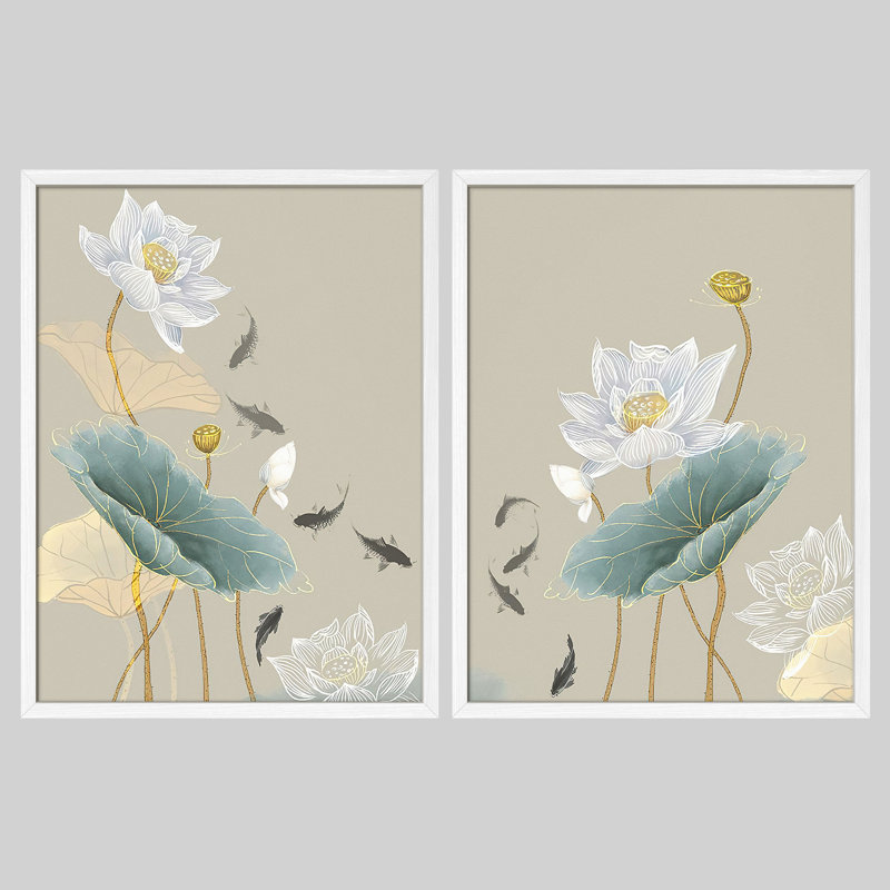Reproduction d'art encadrée de lotus doré, Blanc, H 14 po x l 11 po