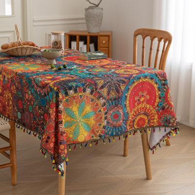  Boho Tablecloth for Square Tables,Fringed edges with Geometric Pattern Tablecloths,Farmhouse Floral Table Cover Cloth Decorative for Kitchen Dining Room,59"x 102"