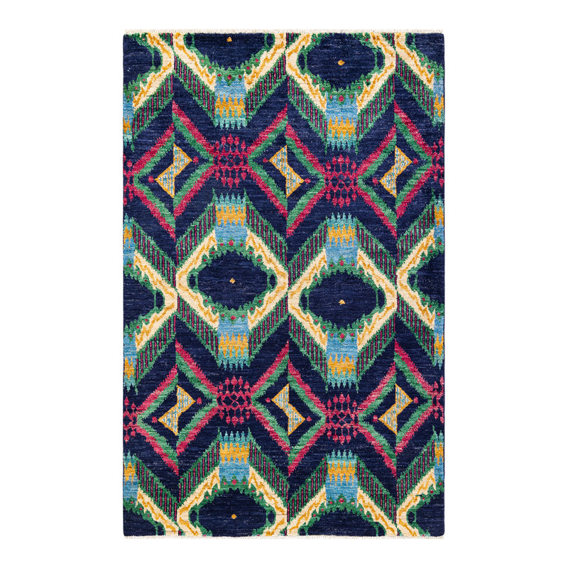 Tapis unique noué à la main Vinda - bleu marine, 5 pi x 8 pi