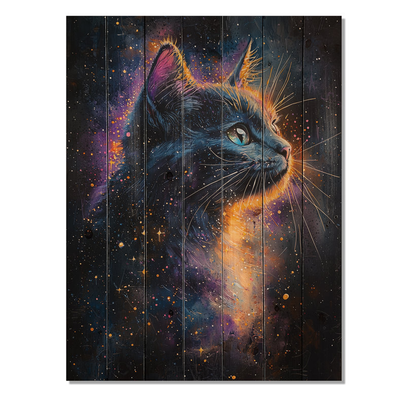 Portrait de chat céleste II - décoration murale chat en bois - sur bois de pin naturel, H 40 po x l 30 po x P 0,78 po