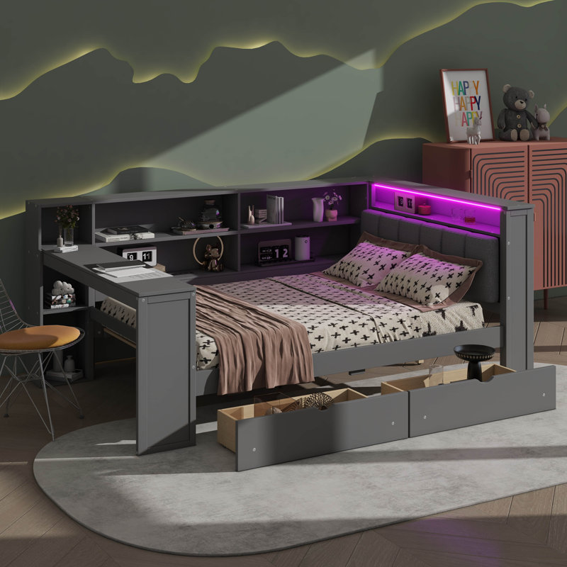 Streamlined Bed With Storage Racks, Drawers, Power Charging Outlet, LED Illumination, And Workstation, Gray, Full