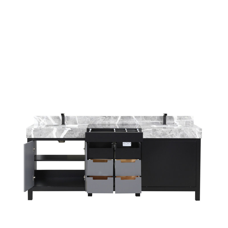 Ensemble de meuble-lavabo double noir et gris D 22 po, comptoir en marbre gris château et robinet en métal