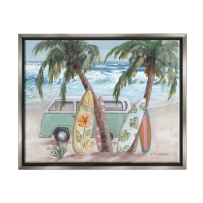 Summer Waves Tropical Van Surfboards Gray Framed Floater Canvas Wall Art by Pam Britton
