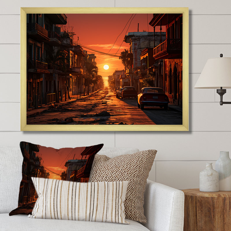 «Havana Sunset Panorama I», reproduction sur toile, Cadre doré simple, H 24 po x l 32 po x P 1 po