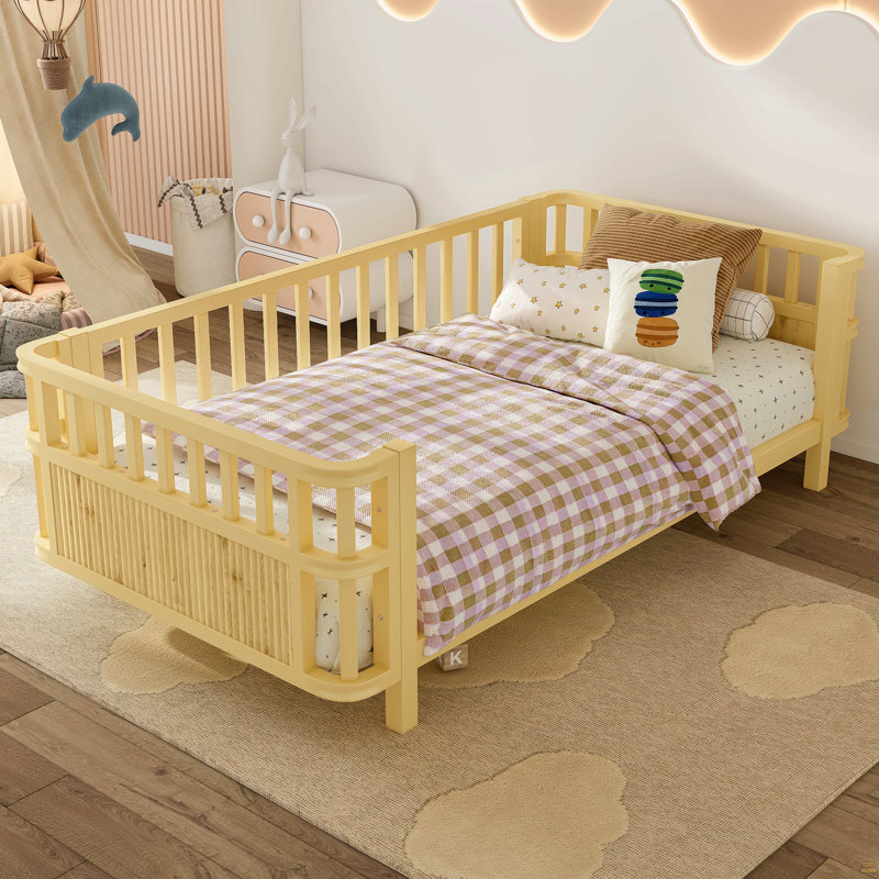 Lit plateforme double en bois pour enfants avec rampes, Naturel