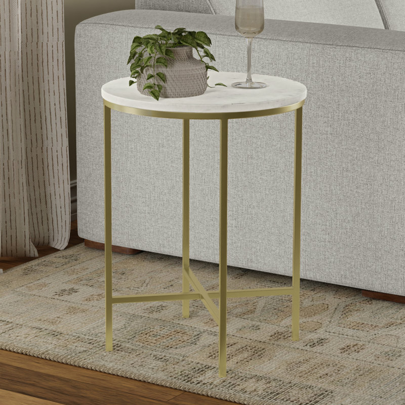 Tara 16"W Marble Top Contemporary End Table with Metal Base and Crossbar Support