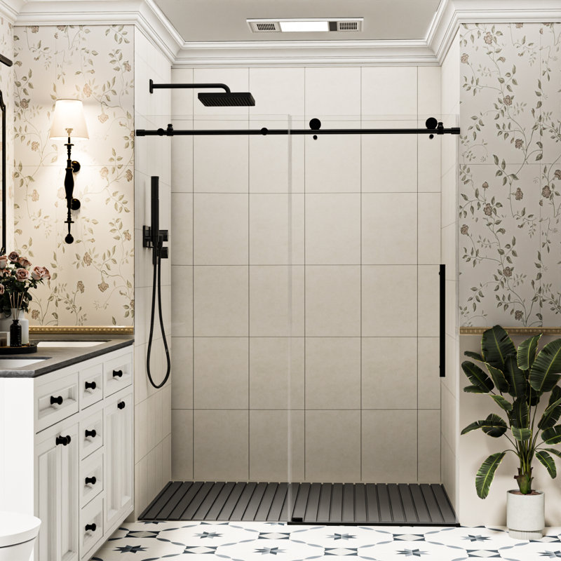 Porte de douche coulissante sans cadre, 127-137 cm (L) x 193 cm (H), verre trempé transparent hydrofuge facile à nettoyer de 8 mm (5/16 po), pour douche à l'italienne, noir mat