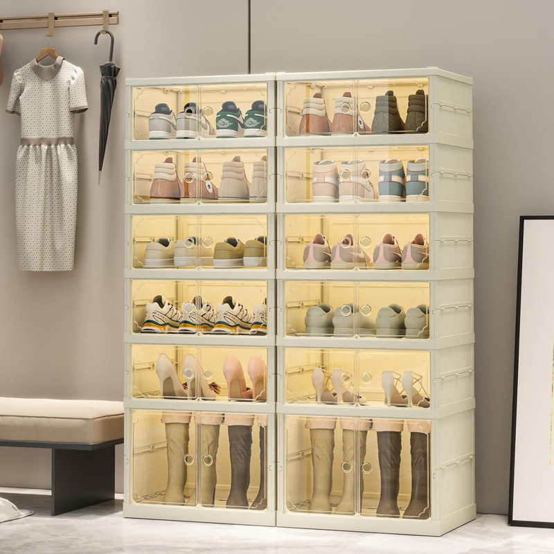 6-Tier Foldable Shoe Rack Organizer With Wheels, Collapsible Shoe Storage Cabinet For Closet, Front Door, Or Entryway, Stackable Clear Plastic Shoe Shelf For 24 Pairs