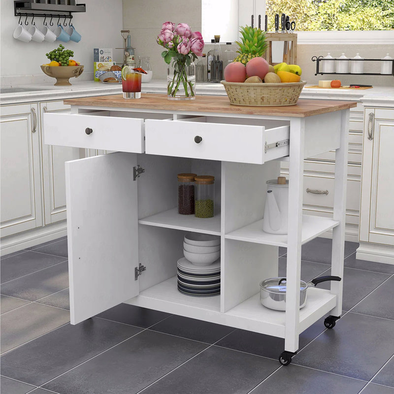 Chariot pour îlot de cuisine - plateau en bois d'hévéa, roulettes verrouillables et rangement polyvalent (porte-serviettes inclus)