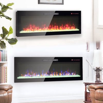 Foyer électrique encastré mural en verre trempé ultra-mince de 50 pouces avec télécommande et flamme multicolore et chauffant à lumière DEL