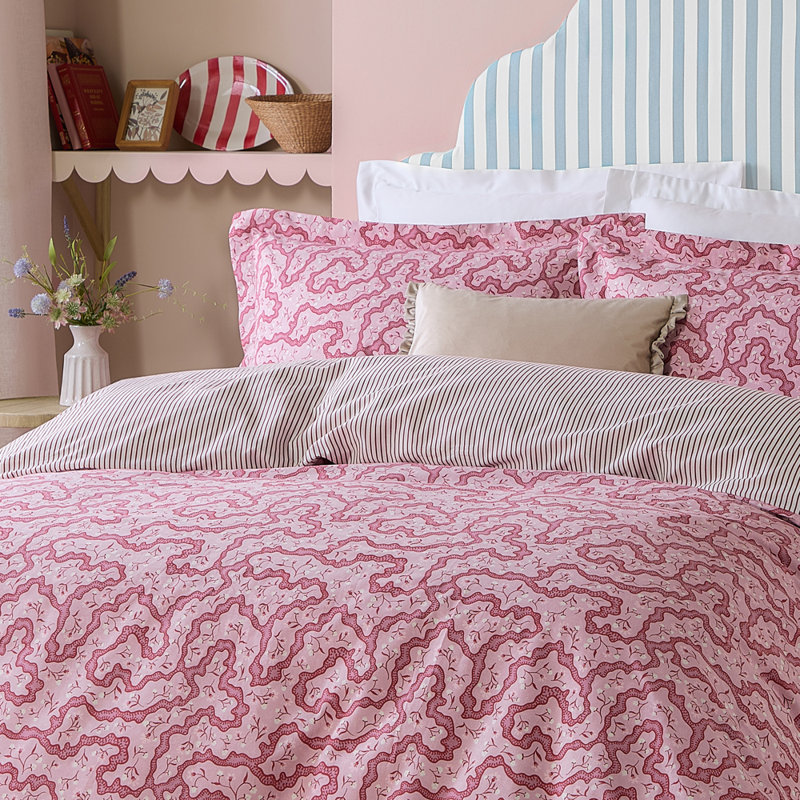 Brianna Cotton Striped Duvet Cover Set with Pillowcases, Cherry, Double Duvet Cover + 2 Standard Pillowcases
