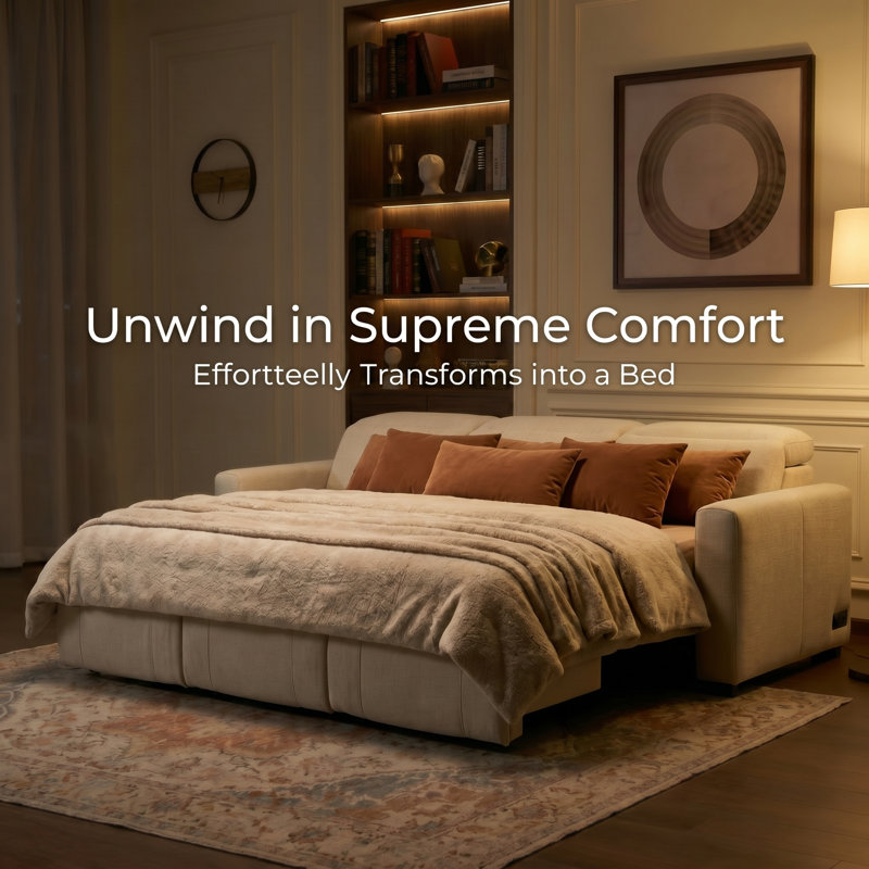 Wall-Hugger Chenille Sofa Sleeper with Motorlized Slide-Out Bed and Storage Chaise
