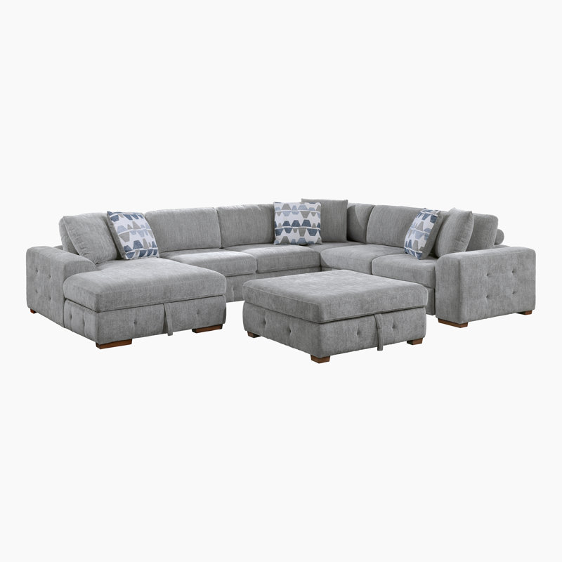 Canapé-lit modulaire en chenille 5 pièces avec méridienne et repose-pieds avec rangement Odesser, Gris chenille