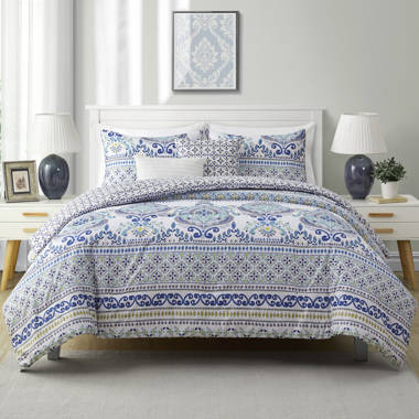 Yeknu Simple Solid Binding Bedding Set White Blue Queen King