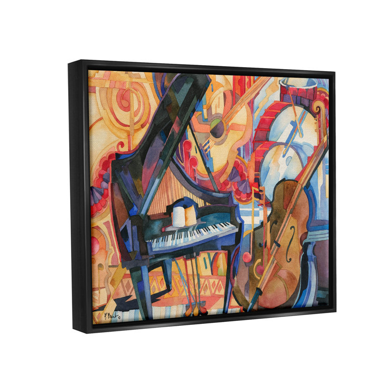 «Big City Music Piano Cubism», peinture sur toile à cadre flottant, H 17 po x l 21 po x P 1,7 po, Cadre flottant noir de jais
