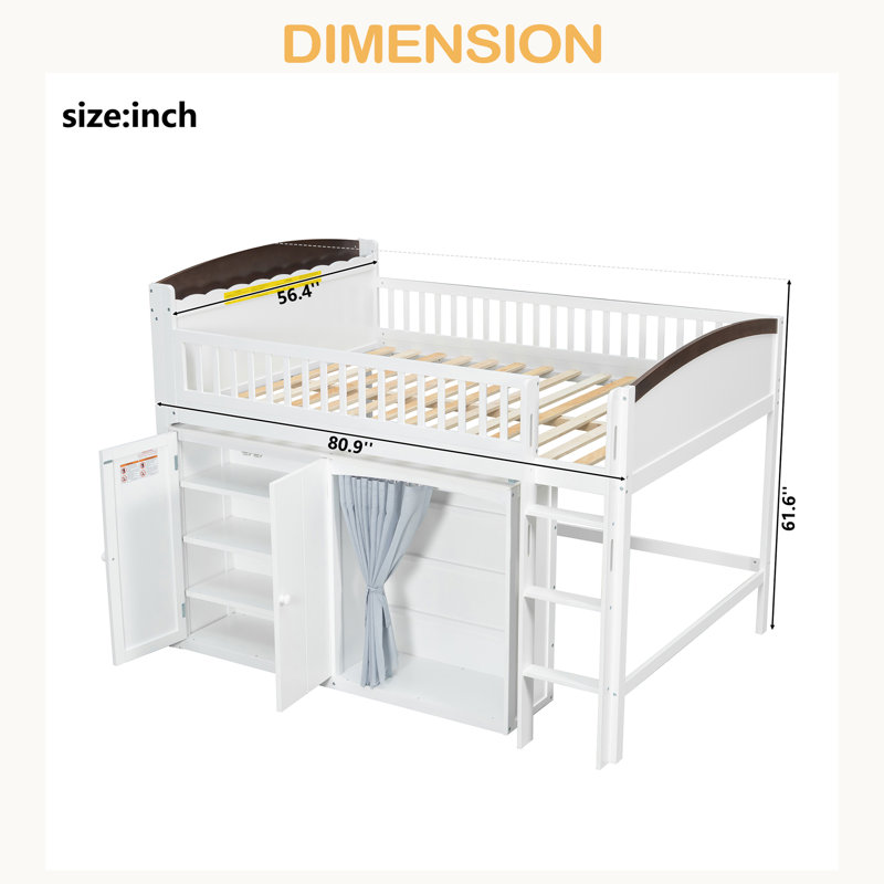 Lit mezzanine double avec armoire de rangement, garde-robe et DEL, White