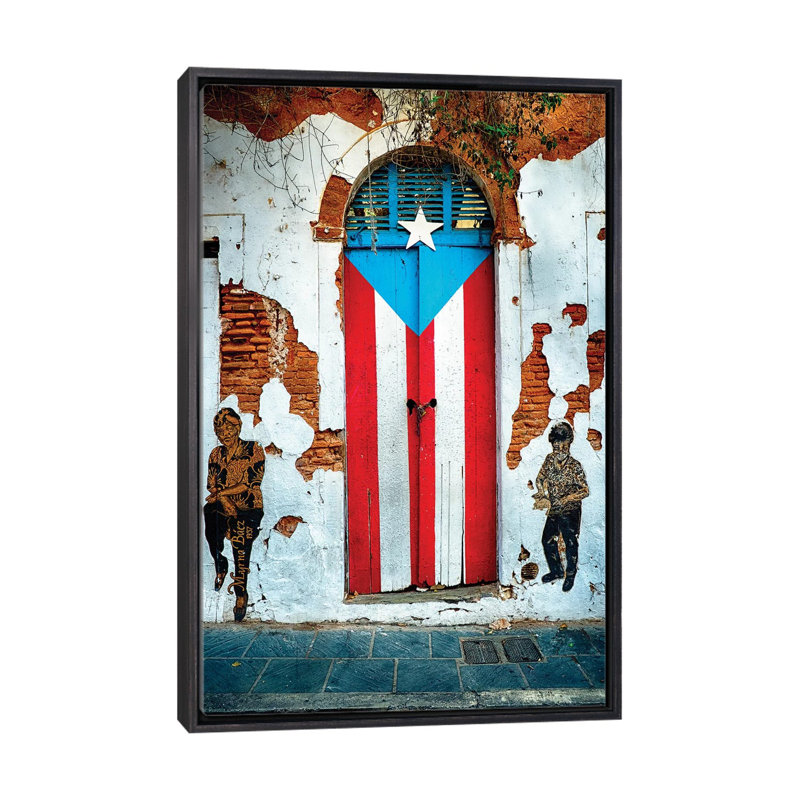 «Puerto Rican Flag Door» - Impression, Cadre noir vieilli, H 26 po x l 18 po x 1,5 po