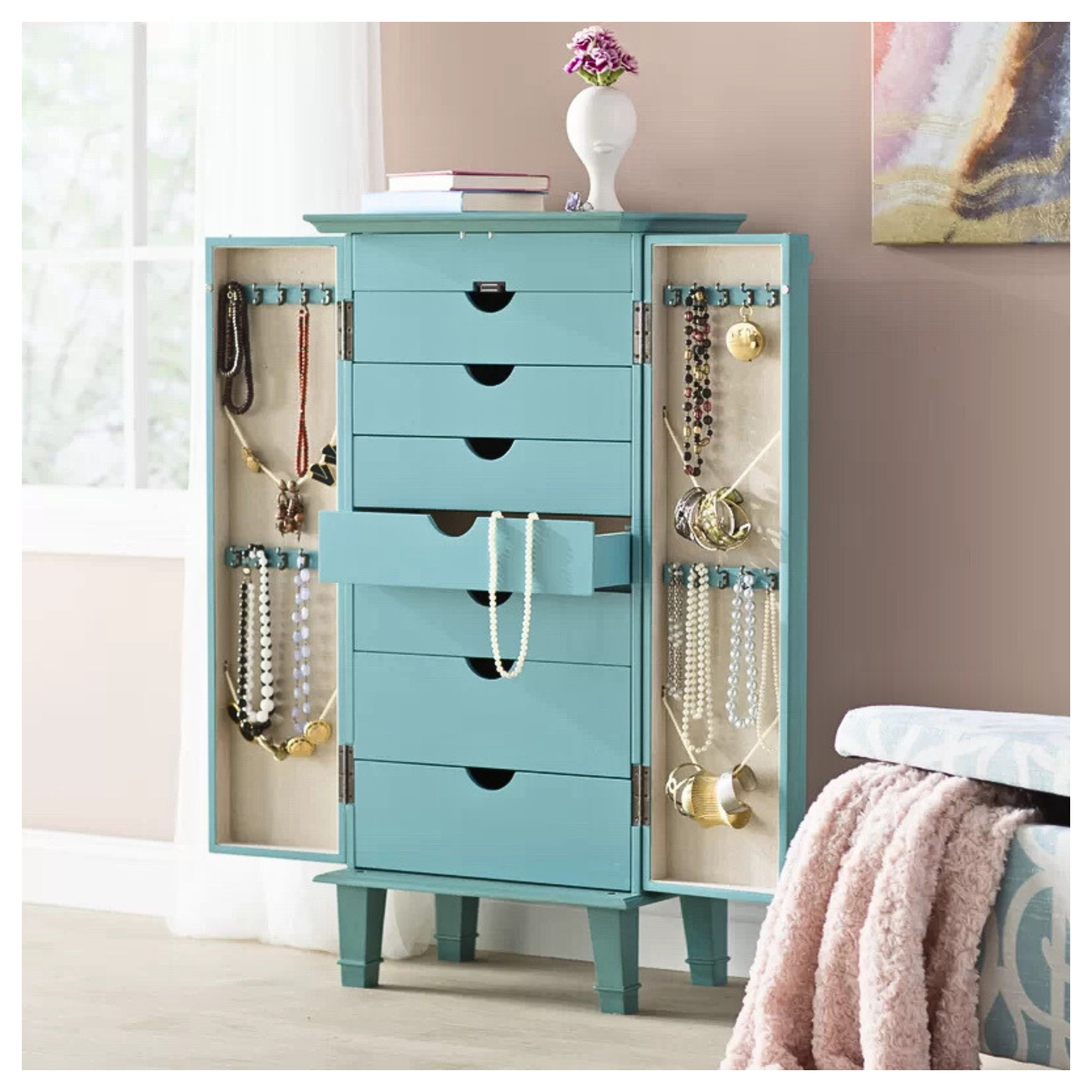 Maddox Jewelry Armoire with Mirror, Turquoise
