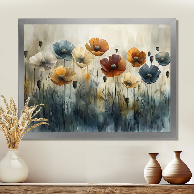 Hiver, minimalisme, coquelicots, champ I - coquelicots, art mural, H 34 po x l 44 po, Cadre simple argenté