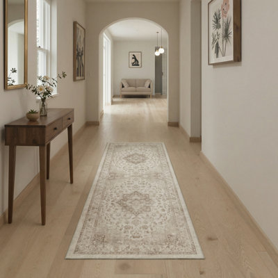 Tapis persan oriental, beige, brun clair et brun clair lavable à la machine avec envers antidérapant Vilve