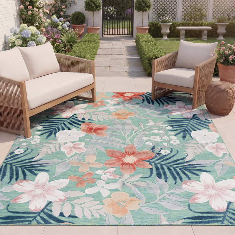 Shutesbury Floral Green/Rust/Navy Indoor / Outdoor Area Rug, Rectangle 11' x 15'