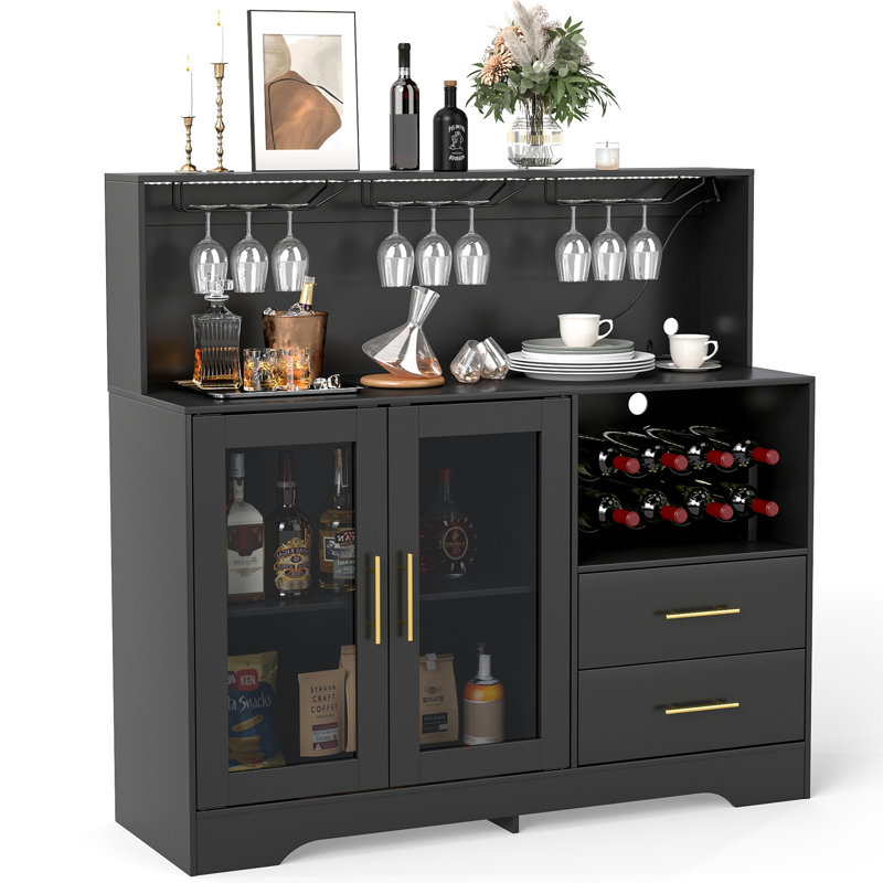  Modern Wine Bar Cabinet With Led Lights, Coffee Bar With Wine Racks And Glass Holder, Charging Station