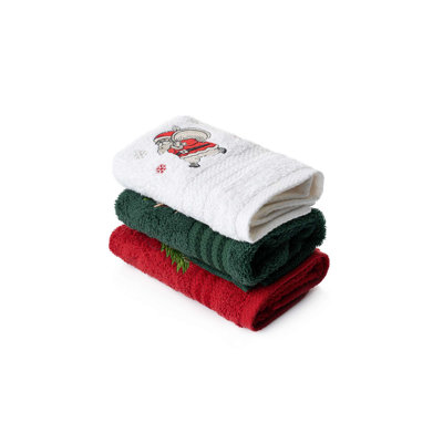 Premium 100% Cotton Wash Towel Set (3 Pieces), 11.8 x 19.7 Inches | 500 GSM, Machine Washable at 104°F | Festive Green, Red & White Colors, Perfect for Christmas Decor & Holiday Gifting, Soft & Absorbent