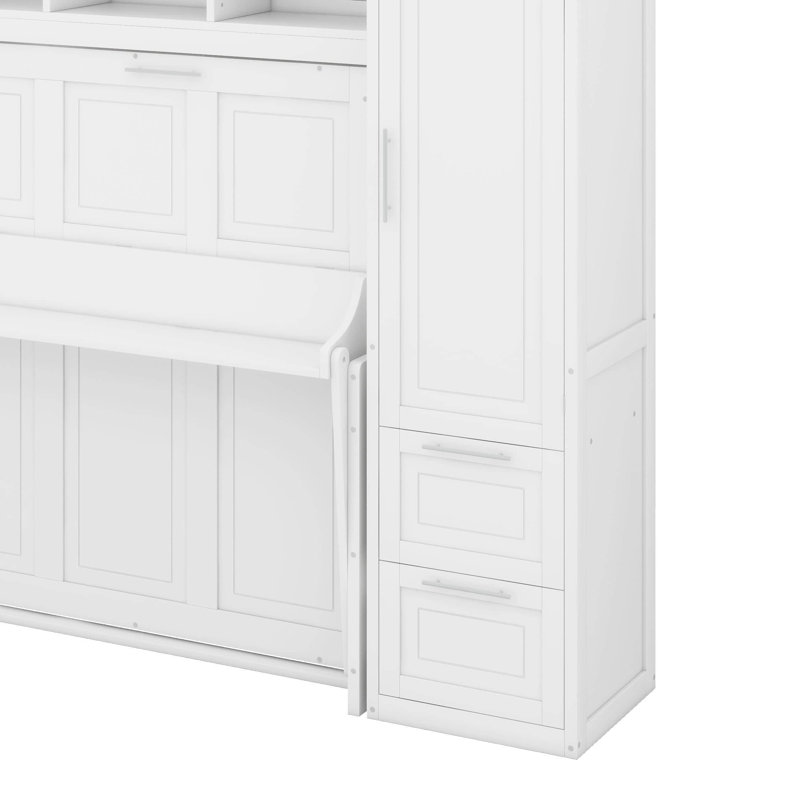 Grand lit escamotable avec placard et tiroirs, Blanc