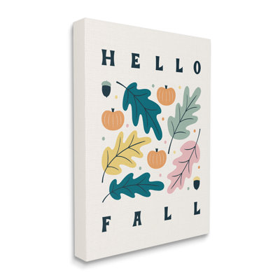 «Hello Fall», pastel moderne, feuilles d'automne, typographie noire, estampe numérique, art texturé par Jalynn Heerdt