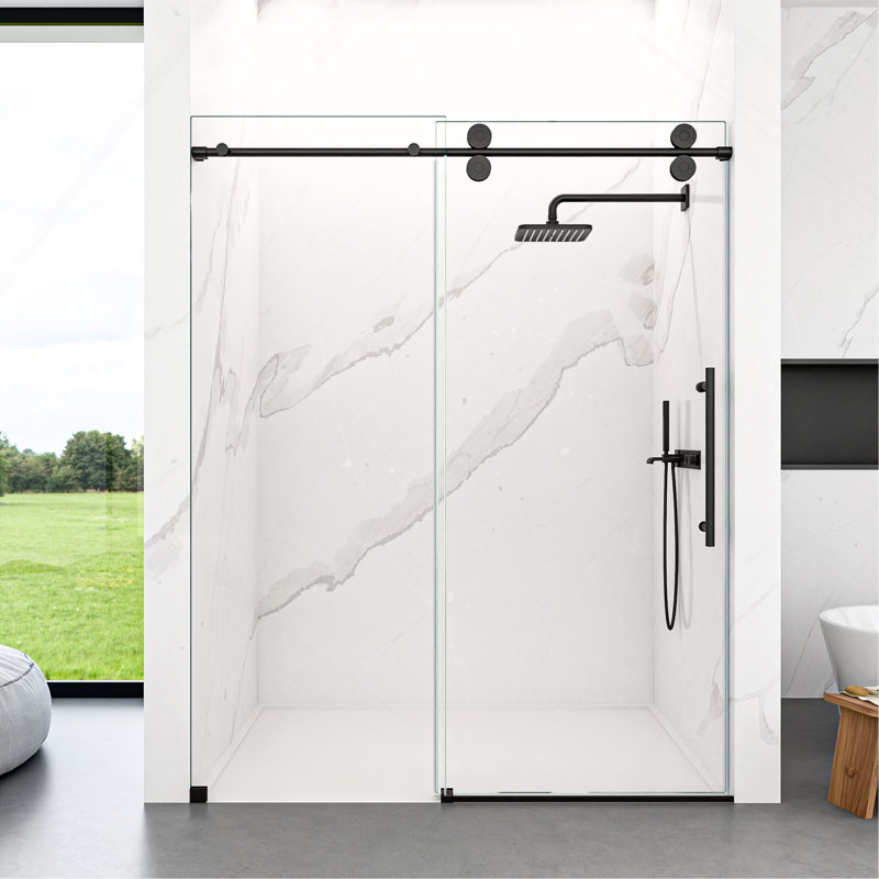 Porte de douche coulissante simple sans cadre de 44 à 48 po x H 76 po - Verre trempé transparent de 5/16 po (8 mm), conception de dérivation avec finition noir mat